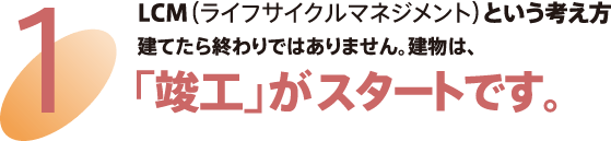 1 LCM（ライフサイクルマネジメント）という考え方　建てたら終わりではありません。建物は、「竣工」がスタートです。